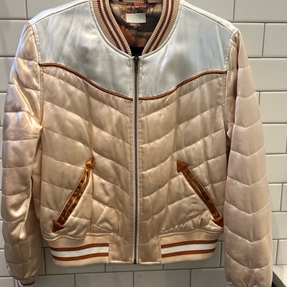 MOTHER Satin Bomber Jacket in Cream and Gold